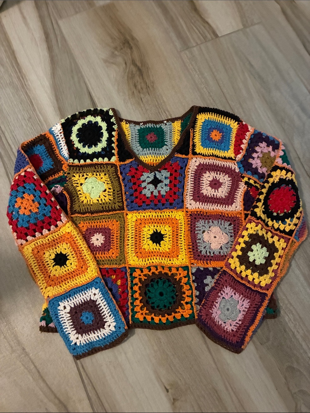 Express Multicolor Crochet Patchwork V-Neck Sweater